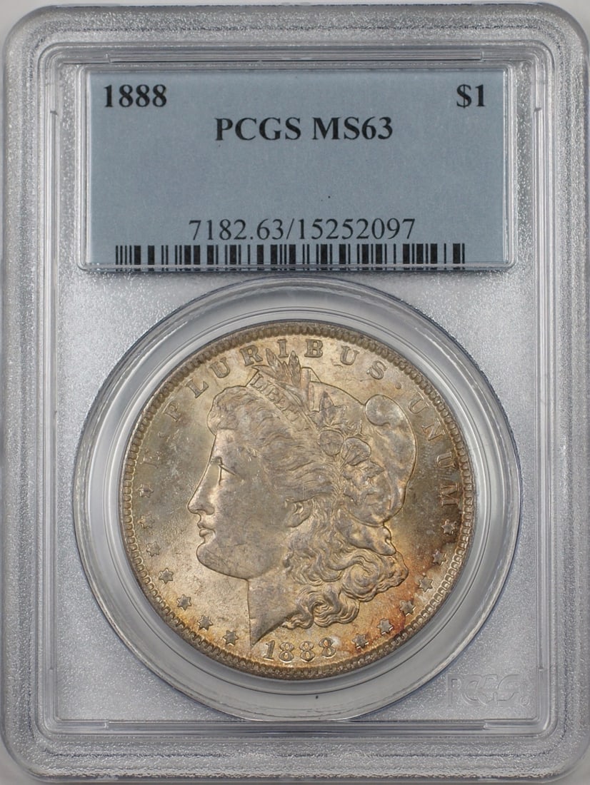 PCGS MS-63 1888 Silver Morgan Dollar Philadelphia Toned Uncirculated: PCGS MS-63 1888 Silver Morgan Dollar Philadelphia Toned Uncirculated This 1888 Morgan Silver Dollar features attractive toning and has been certified by PCGS with a grade of MS-63. Struck in Philadelp