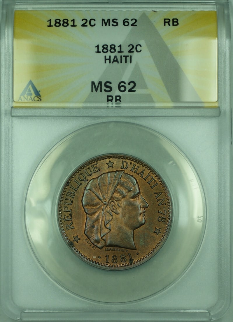 ANACS MS-62 RB Haiti 2 Centimes Bronze 1881 Coin KM 43: ANACS MS-62 RB Haiti 2 Centimes Bronze 1881 Coin KM 43 This 1881 Haiti 2 Centimes coin is graded MS-62 RB by ANACS and is composed of bronze. It is uncirculated and features a denomination of 2 Centim