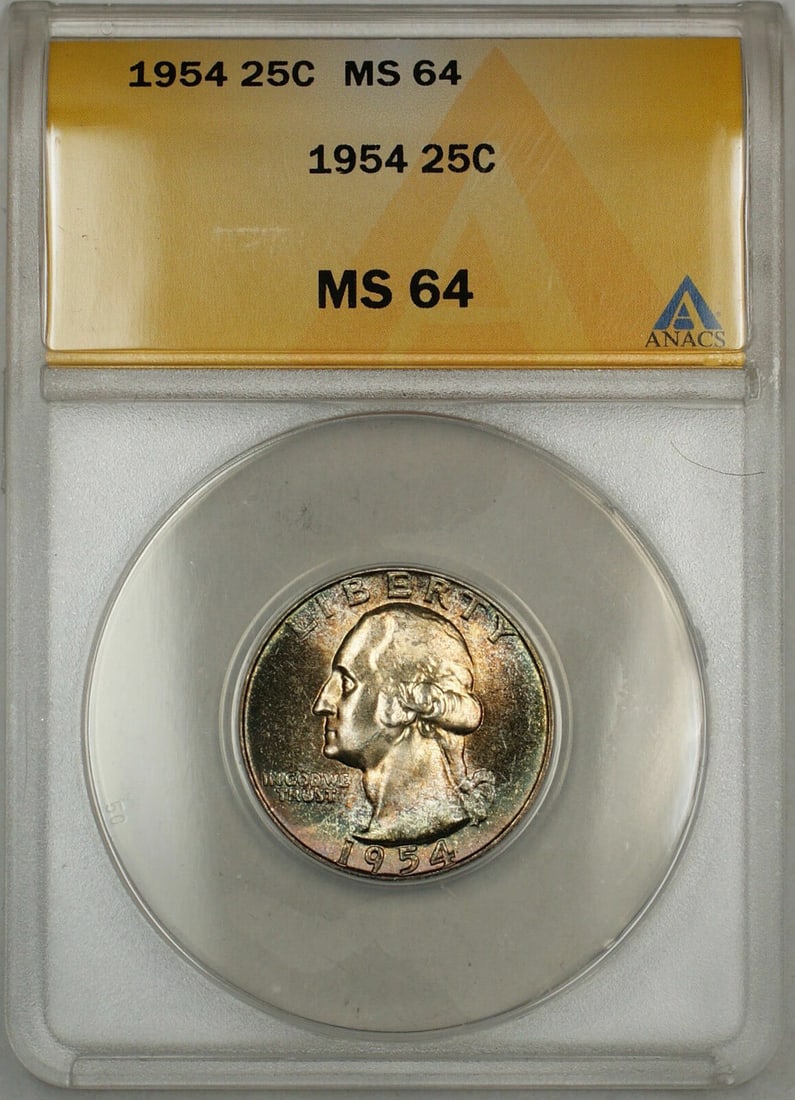 1954 Silver Washington Quarter ANACS MS-64 Philadelphia Toned Coin: 1954 Silver Washington Quarter ANACS MS-64 Philadelphia Toned Coin This 1954 Washington Silver Quarter 25c coin is certified by ANACS with a grade of MS 64. It features attractive toning on the obvers