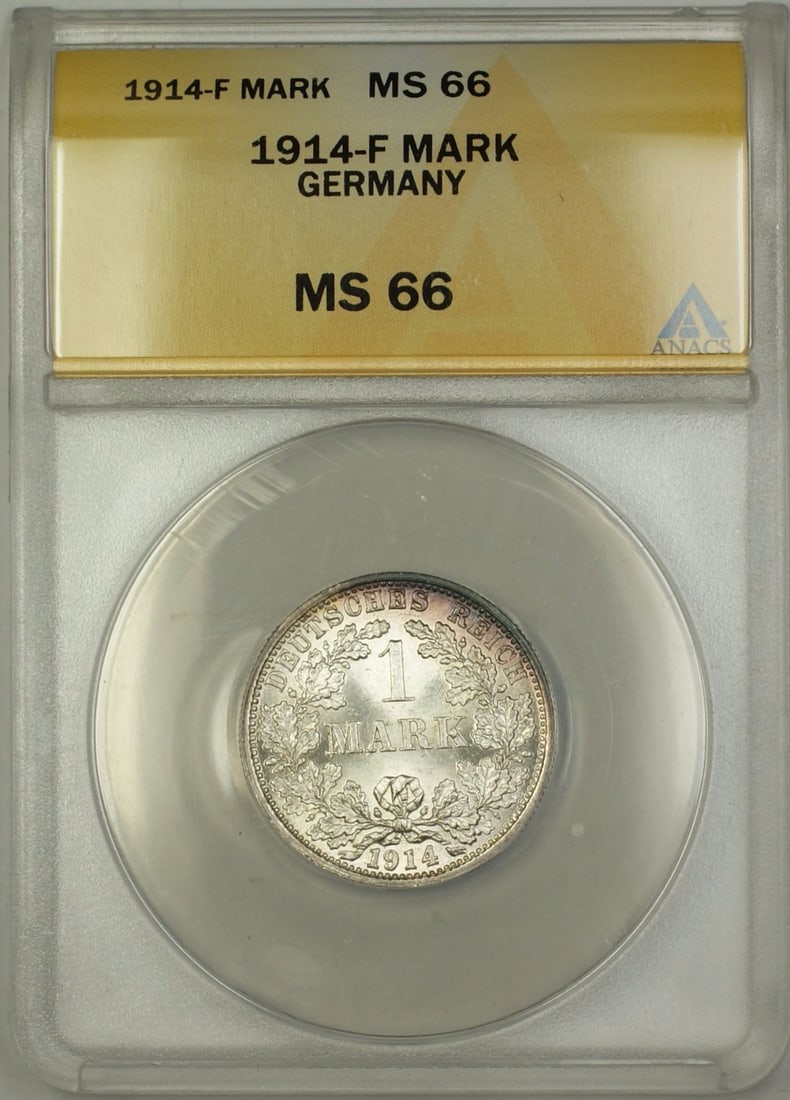 Uncirculated 1914-F Germany 1 Mark Silver ANACS MS 66 Certified Coin: Uncirculated 1914-F Germany 1 Mark Silver ANACS MS 66 Certified Coin This is a 1914-F Germany 1 Mark silver coin, graded MS-66 by ANACS. The coin remains uncirculated, showcasing its original mint lus