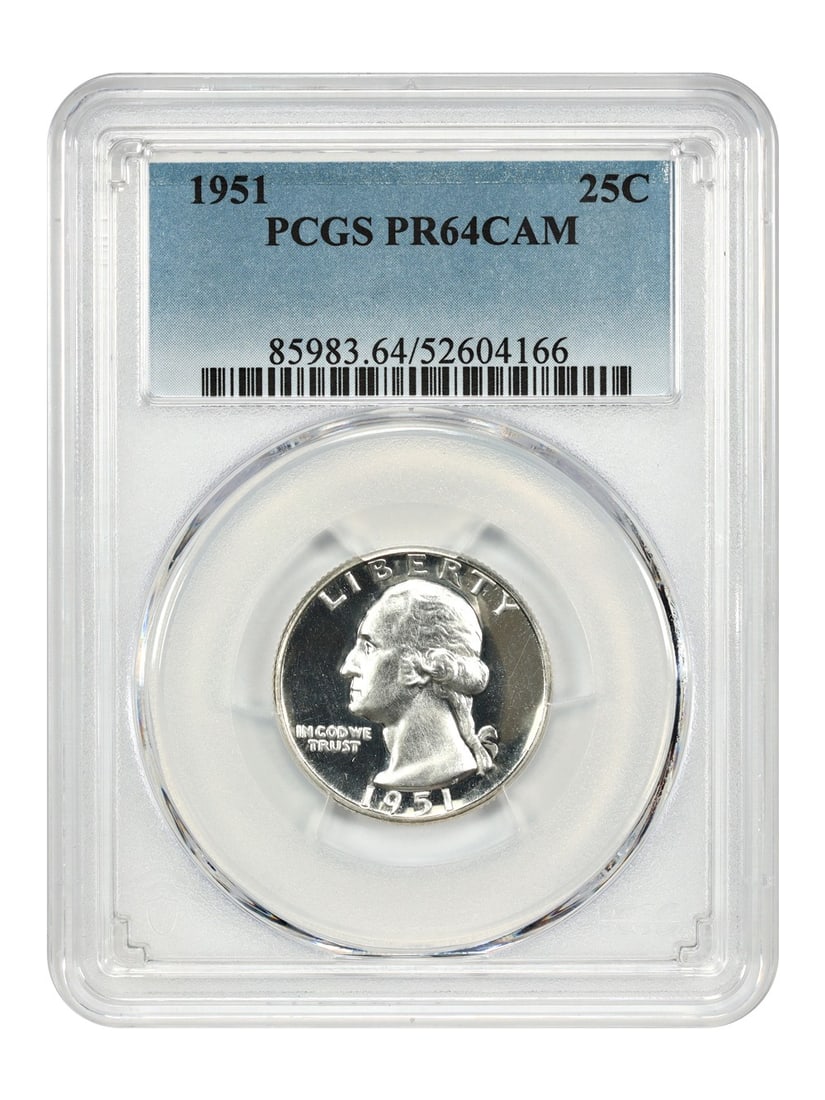 1951 Washington Quarter 25C PCGS PR64CAM Uncirculated Better Date: 1951 Washington Quarter 25C PCGS PR64CAM Uncirculated Better Date This 1951 Washington Quarter is graded PR64CAM by PCGS, denoting its exceptional quality with a cameo finish. With a mintage of only 5