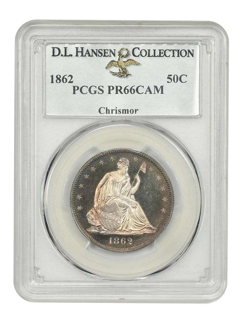1862 50C Liberty Seated Half Dollar PCGS PR66CAM D.L. Hansen Collection: 1862 50C Liberty Seated Half Dollar PCGS PR66CAM D.L. Hansen Collection This 1862 50C Liberty Seated Half Dollar is a stunning high-end gem-proof, designated PR66CAM by PCGS, with the certification nu