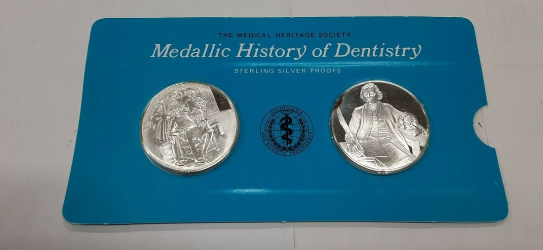 Sterling Silver Dentistry History Proof Medals John Hunter and Zene Artzney: Sterling Silver Dentistry History Proof Medals John Hunter and Zene Artzney This set includes The Medallic History of Dentistry sterling silver proof medals by the Franklin Mint. Each card features tw