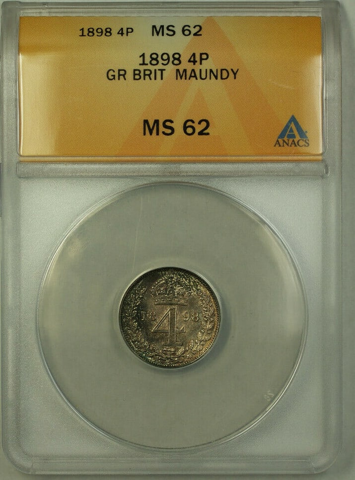 1898 Silver 4 Pence Maundy Coin ANACS MS 62 United Kingdom Victoria: 1898 Silver 4 Pence Maundy Coin ANACS MS 62 United Kingdom Victoria This is a 1898 Great Britain silver 4 pence coin featuring Queen Victoria. The coin is Maundy issue and has been certified by ANACS