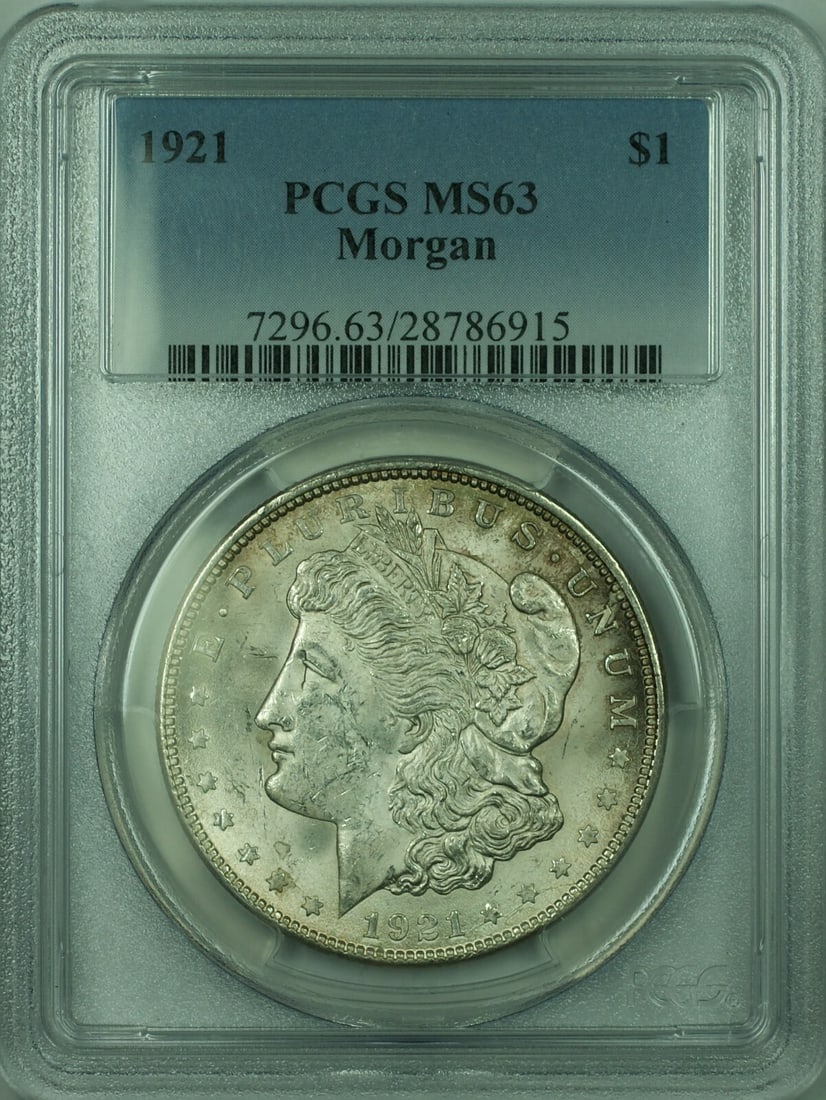 PCGS MS-63 1921 Silver Morgan Dollar Uncirculated Philadelphia: PCGS MS-63 1921 Silver Morgan Dollar Uncirculated Philadelphia This is a 1921 Morgan Silver Dollar $1 coin from the United States, certified by PCGS with a grade of MS-63. The coin is uncirculated and