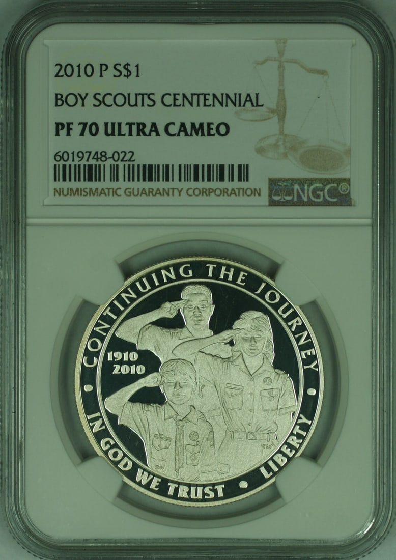 NGC PR70 2010-P Silver Dollar Boy Scouts Centennial Proof Coin: NGC PR70 2010-P Silver Dollar Boy Scouts Centennial Proof Coin This 2010-P Boy Scouts Centennial Commemorative Silver Dollar is a proof coin minted in Philadelphia to honor the centennial of the Boy S