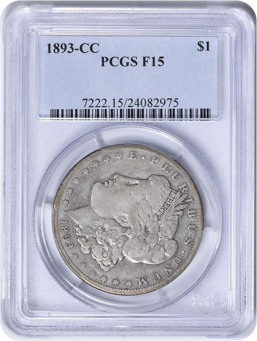 1893-CC Morgan Silver Dollar $1 PCGS Certified F15 Coin: 1893-CC Morgan Silver Dollar $1 PCGS Certified F15 Coin This 1893-CC Morgan Silver Dollar is a remarkable piece of numismatic history, certified by PCGS. Struck in Carson City, this coin features a co
