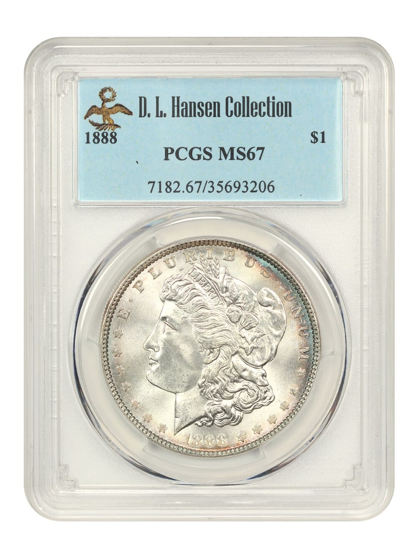 1888 Morgan Dollar $1 PCGS MS67 Stunning Blue Red Tones: 1888 Morgan Dollar $1 PCGS MS67 Stunning Blue Red Tones This 1888 Morgan Dollar is a remarkable piece certified by PCGS with a grade of MS67. It features stunning blue and red rim tones that beautiful