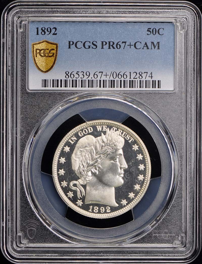 1892 Barber Half Dollar PR67+CAM PCGS Certified Uncirculated Coin: 1892 Barber Half Dollar PR67+CAM PCGS Certified Uncirculated Coin This exquisite 1892 Barber Half Dollar is certified by PCGS with a remarkable PR67+CAM grade, indicating its exceptional quality. Stru