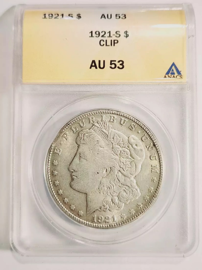 1921 S Morgan Silver Dollar ANACS AU 53 Circulated Silver Coin: 1921 S Morgan Silver Dollar ANACS AU 53 Circulated Silver Coin This 1921 S Morgan Silver Dollar is certified by ANACS with a grade of AU-53, indicating it is a circulated coin in excellent condition.