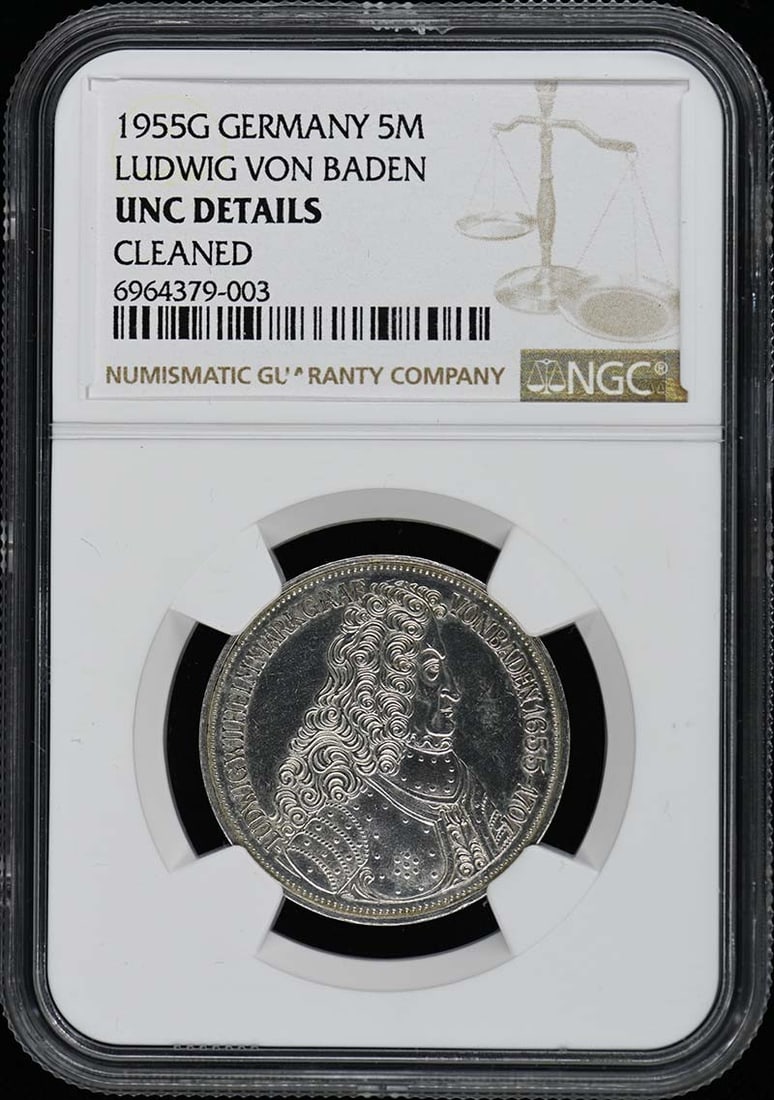 1955G Germany Ludwig von Baden 5M Coin NGC UNC Details: 1955G Germany Ludwig von Baden 5M Coin NGC UNC Details This 1955G Ludwig von Baden 5 Mark coin from Germany is a remarkable addition for collectors. Graded as Uncirculated by NGC, this coin showcases