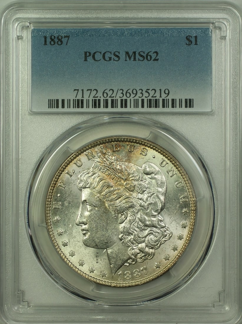 Lot of 20 1887 Morgan Silver Dollars PCGS MS-62 Light Toning: Lot of 20 1887 Morgan Silver Dollars PCGS MS-62 Light Toning This 1887 Morgan Silver Dollar is a $1 coin graded MS-62 by PCGS, indicating it is in uncirculated condition. The coin is composed of silve