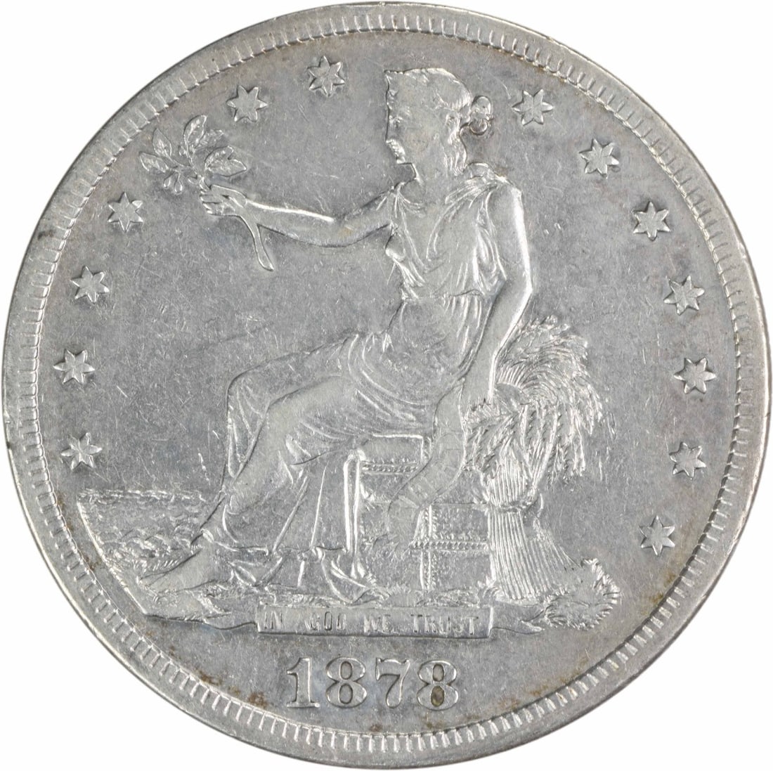 1878-S Trade Silver Dollar 90% Silver Uncertified Coin: 1878-S Trade Silver Dollar 90% Silver Uncertified Coin This 1878-S Trade Silver Dollar is a captivating piece of history, featuring the artistry of designer William Barber. It is composed of 90% silve