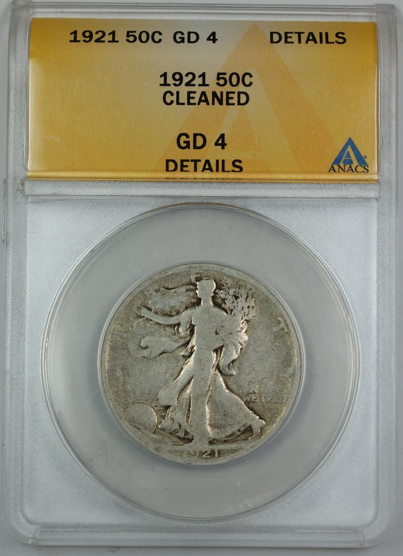 1921 Liberty Walking Half Dollar ANACS GD-4 Silver Cleaned Philadelphia: 1921 Liberty Walking Half Dollar ANACS GD-4 Silver Cleaned Philadelphia This 1921 Walking Liberty Silver Half Dollar was minted in Philadelphia and is certified by ANACS with a grade of GD-4 Details.