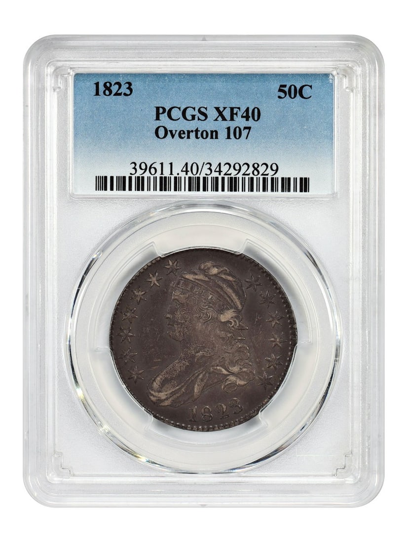Capped Bust Half Dollar 1823 PCGS XF40 Overton 107 Fifty Cent Coin: Capped Bust Half Dollar 1823 PCGS XF40 Overton 107 Fifty Cent Coin This is an 1823 Capped Bust Half Dollar, graded XF40 by PCGS. The coin is circulated and comes from the Philadelphia Mint. It belongs