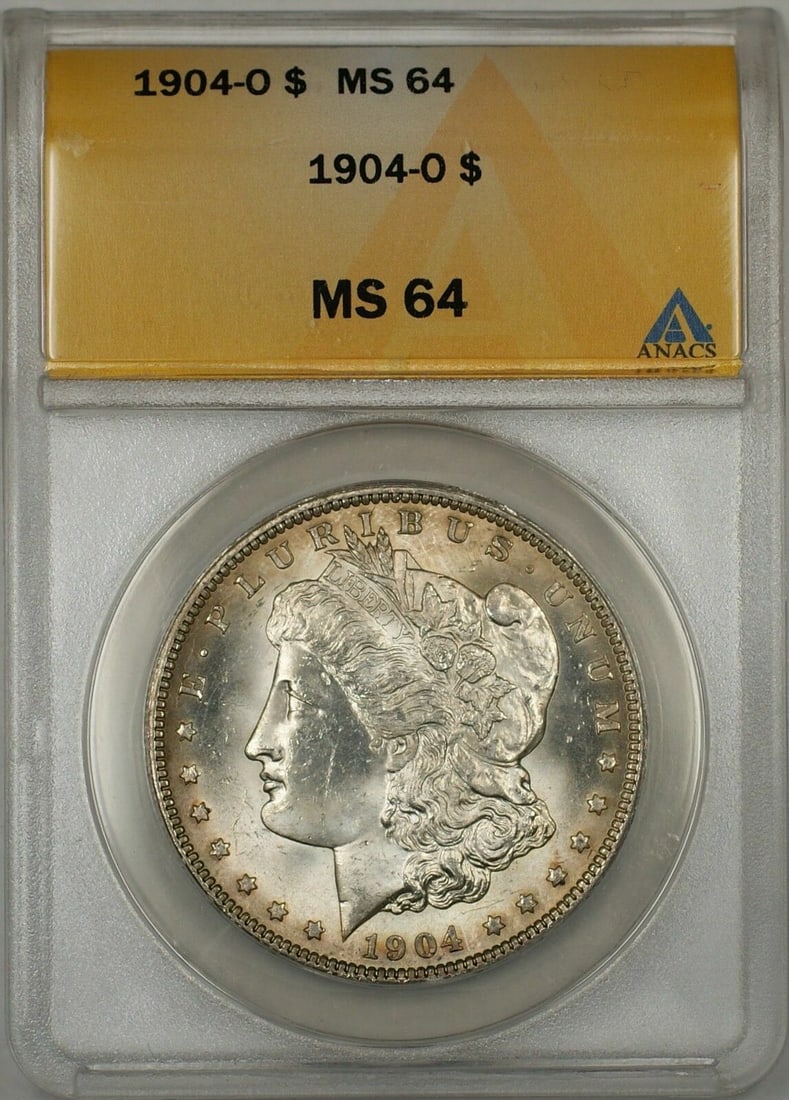 Set of 10 ANACS MS64 1904-O Morgan Silver Dollars Lightly Toned: Set of 10 ANACS MS64 1904-O Morgan Silver Dollars Lightly Toned This 1904-O Morgan Silver Dollar is an uncirculated $1 coin graded MS-64 by ANACS. It features a light toning and was minted in New Orle