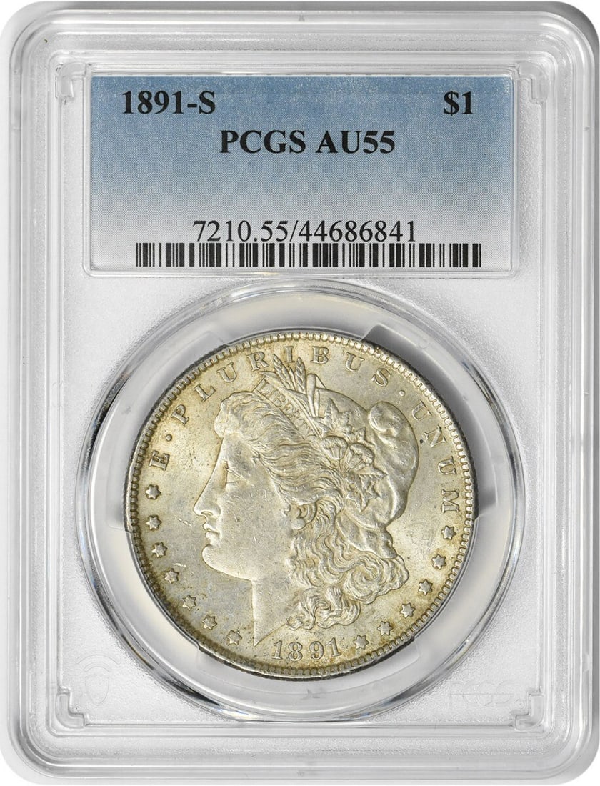 1891-S Morgan Silver Dollar AU55 PCGS Certified 90% Silver Coin: 1891-S Morgan Silver Dollar AU55 PCGS Certified 90% Silver Coin This 1891-S Morgan Silver Dollar is a classic collectible coin featuring the renowned design by George T. Morgan. Graded AU55 by PCGS, t