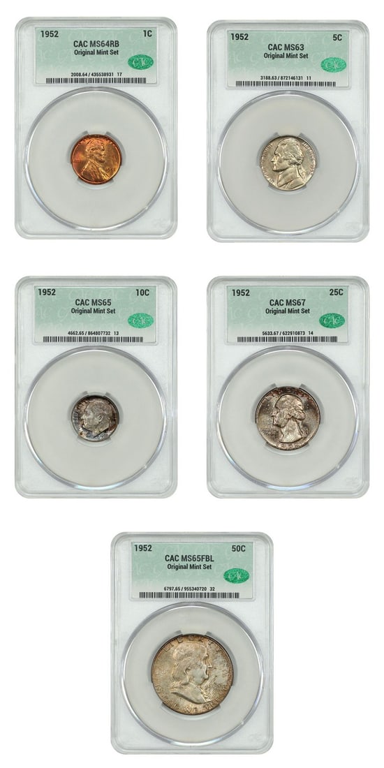 1952 Philadelphia Mint Set 1C to 50C CACG Certified MS63 to MS67: 1952 Philadelphia Mint Set 1C to 50C CACG Certified MS63 to MS67 This is a 1952 Mint Set featuring coins with denominations from 1 cent to 50 cents, all graded Mint State (MS) by CACG. The set include