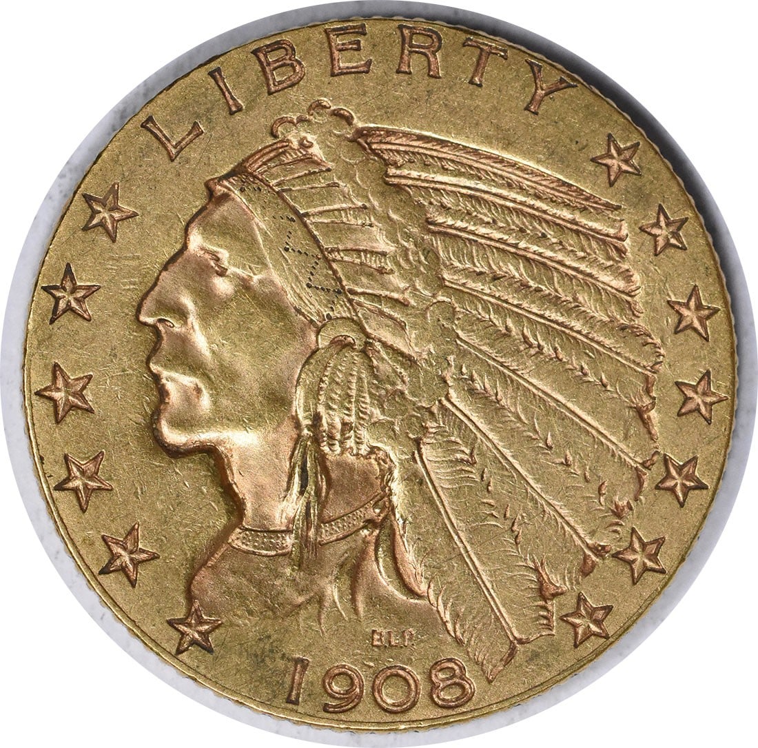 1908 $5 Gold Indian Coin XF Uncertified by Bela Lyon Pratt: 1908 $5 Gold Indian Coin XF Uncertified by Bela Lyon Pratt This 1908 $5 Gold Indian coin showcases a stunning design by Bela Lyon Pratt, featuring a profile of a Native American on the obverse and an