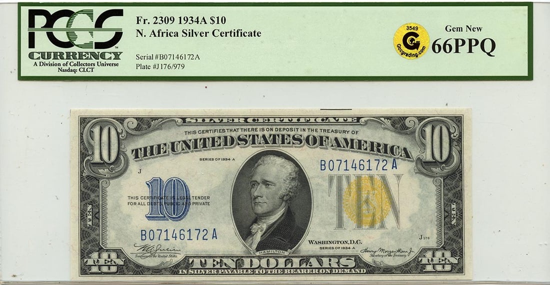 1934A $10 N. Africa WWII Emergency Issue PCGS Gem66 PPQ: 1934A $10 N. Africa WWII Emergency Issue PCGS Gem66 PPQ This uncirculated 1934 $10 North Africa WWII Emergency Issue note is a noteworthy collectible. Graded MS66 by PCGS, it features the PPQ designat