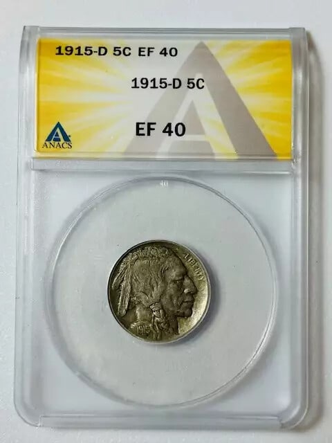 1915 D Indian Buffalo Nickel ANACS XF-40 Denver Mint: 1915 D Indian Buffalo Nickel ANACS XF-40 Denver Mint This 1915 D Indian Buffalo nickel is certified by ANACS with a grade of XF-40. Struck in nickel, this coin is part of the circulated category and h