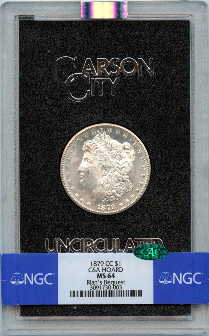 1879-CC Morgan Dollar NGC MS64 CAC Uncirculated Coin: 1879-CC Morgan Dollar NGC MS64 CAC Uncirculated Coin This 1879-CC Morgan Dollar is a stunning example of U.S. coinage, certified by NGC with a grade of MS64 and featuring the CAC designation. Struck a