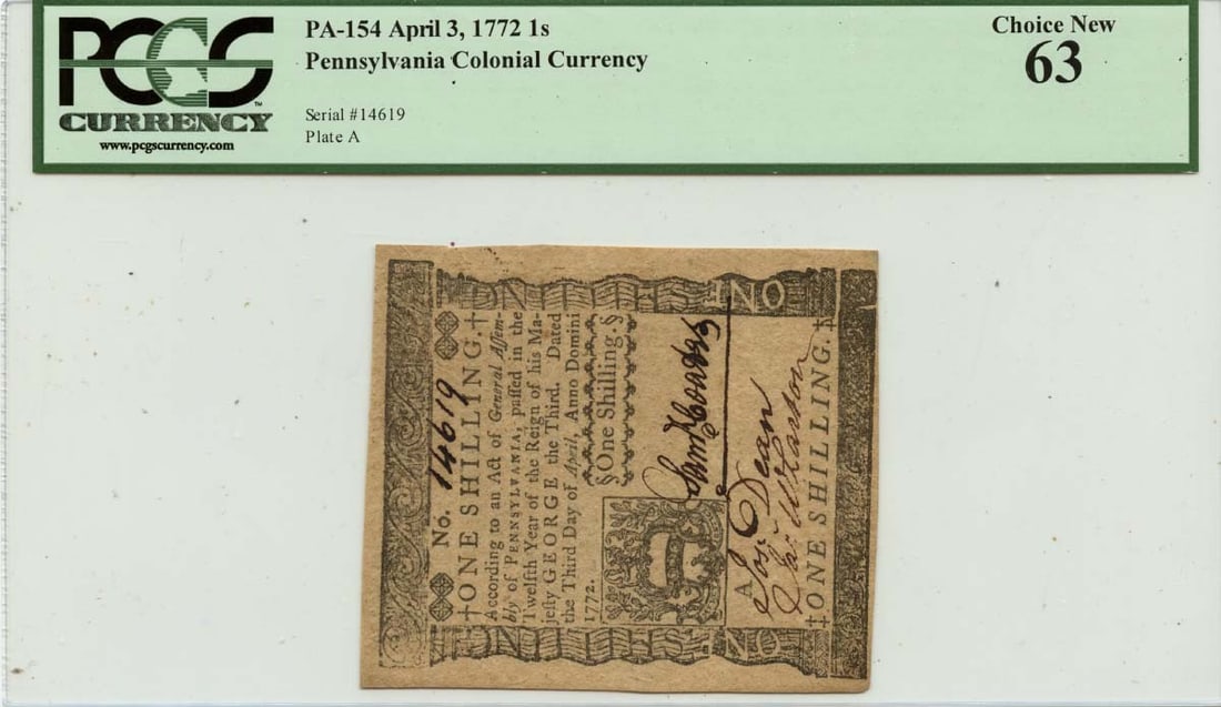 1772 Pennsylvania 1 Shilling Colonial Note FR#PA-154 PCGS CU63 (1 of 2)