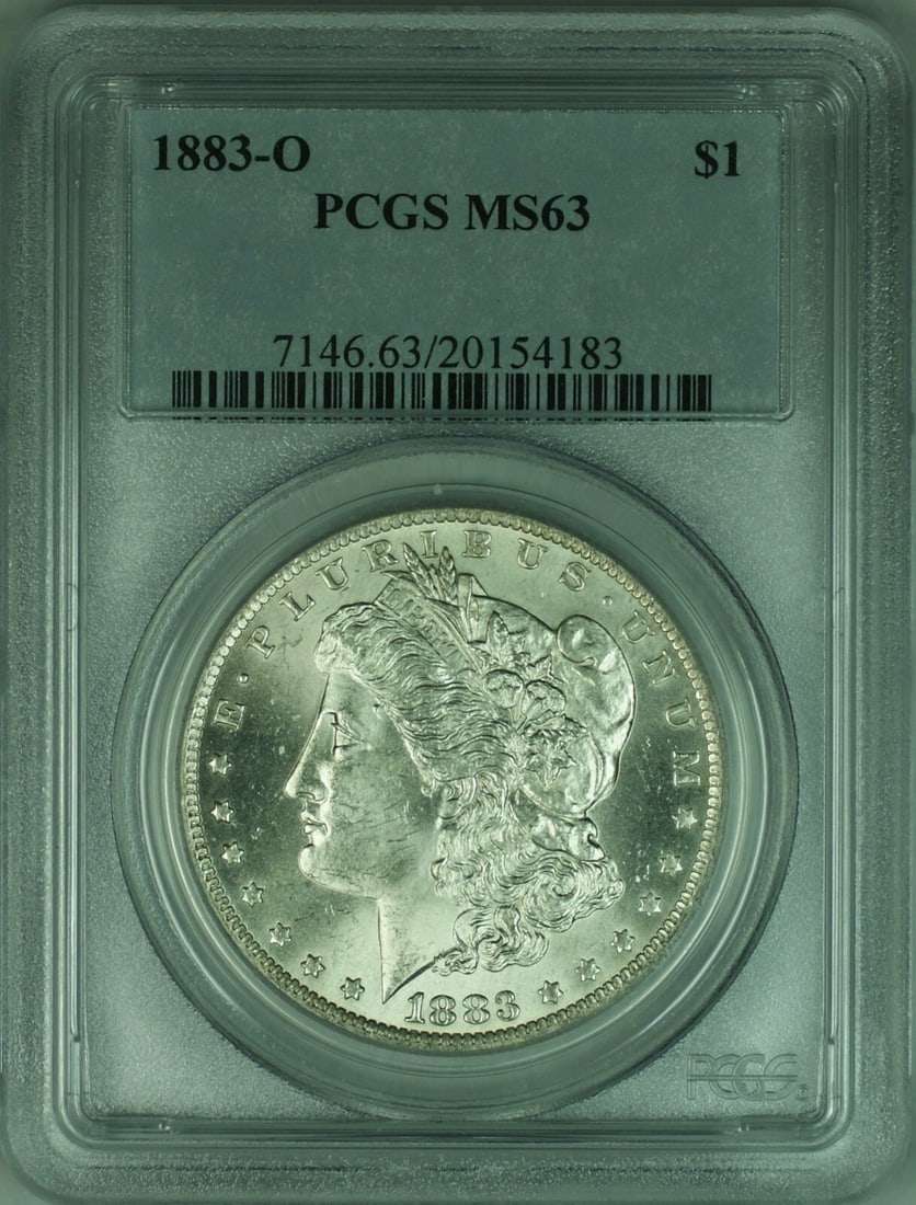 PCGS MS63 1883-O Silver Dollar from New Orleans Mint: PCGS MS63 1883-O Silver Dollar from New Orleans Mint This is an 1883-O Morgan Silver Dollar, graded MS63 by PCGS. Minted in New Orleans, this uncirculated coin is composed of silver and has a denomina