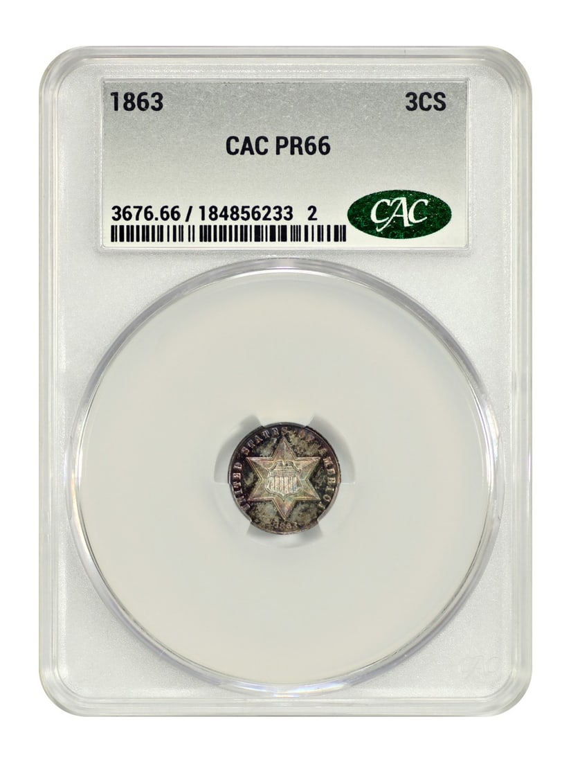 1863 Proof Three Cent Silver Coin CACG Certified PR66: 1863 Proof Three Cent Silver Coin CACG Certified PR66 This 1863 Three Cent Silver coin, graded PR66 by CACG, is an uncirculated example from the Philadelphia Mint. It is a popular and scarce issue fro