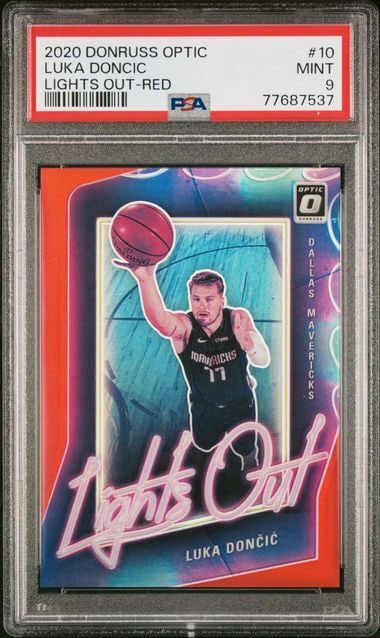 Luka Doncic 2020 Donruss Optic Lights Out Red #10 PSA 9 Limited 51/99: Luka Doncic 2020 Donruss Optic Lights Out Red #10 PSA 9 Limited 51/99 This is a 2020 Donruss Optic Lights Out Red basketball card featuring Luka Doncic, a star player for the Dallas Mavericks. The car