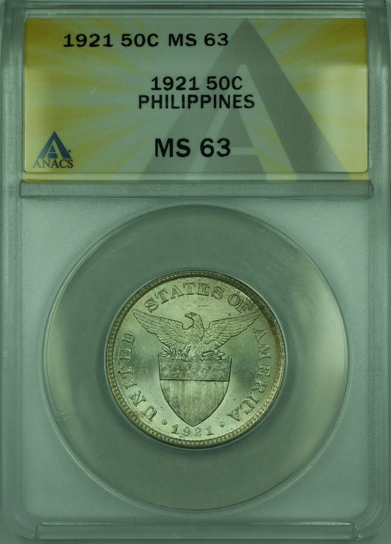 1921 Philippines Silver 50 Centavos ANACS MS-63 Coin KM 171: 1921 Philippines Silver 50 Centavos ANACS MS-63 Coin KM 171 This 1921 Philippines 50 Centavos silver coin is graded MS-63 and certified by ANACS. It is an uncirculated piece composed of silver and ide