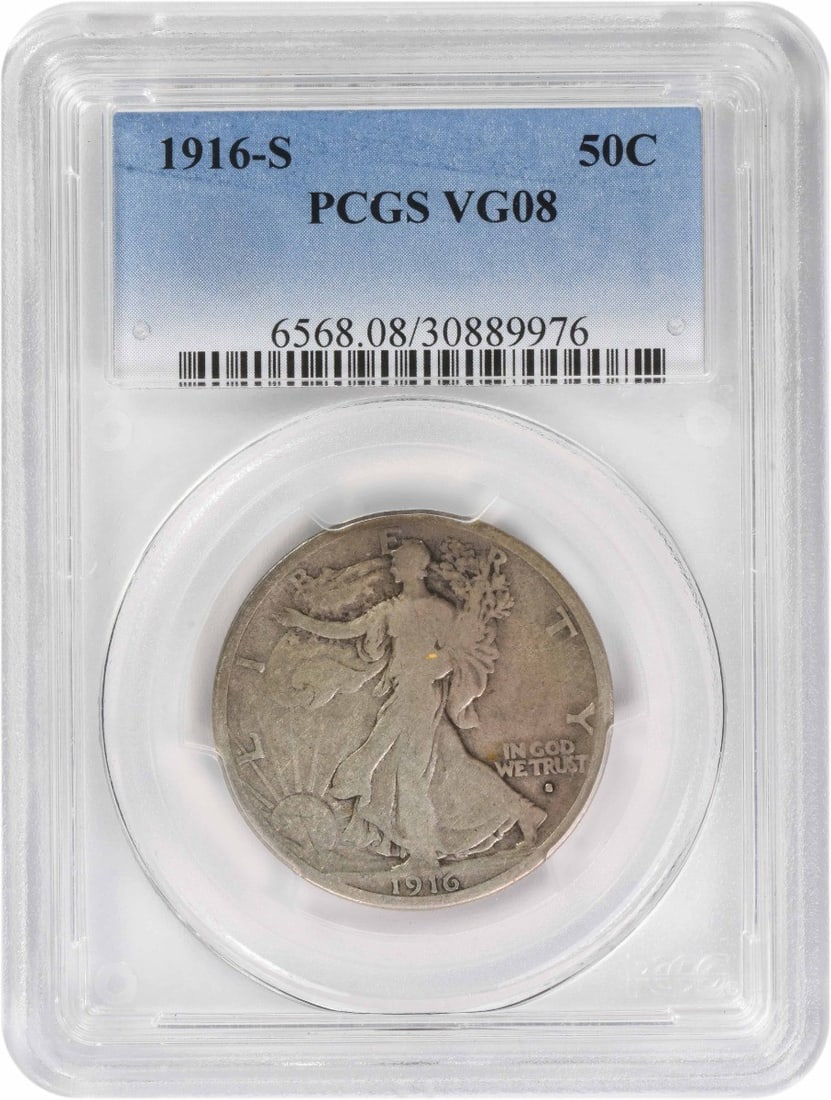 PCGS VG08 1916 San Francisco Walking Liberty Half Dollar 50C: PCGS VG08 1916 San Francisco Walking Liberty Half Dollar 50C This 1916-S Walking Liberty Half Dollar is a circulated coin graded VG08 by PCGS. Minted in San Francisco, it is composed of 90% silver and