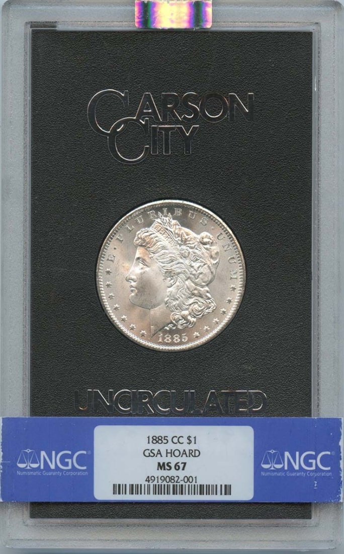 NGC MS67 1885 Carson City Morgan Dollar from GSA Hoard: NGC MS67 1885 Carson City Morgan Dollar from GSA Hoard This is an 1885-CC Morgan Dollar from the GSA Hoard, certified by NGC with a grade of MS67. The coin is uncirculated and was minted in Carson Cit