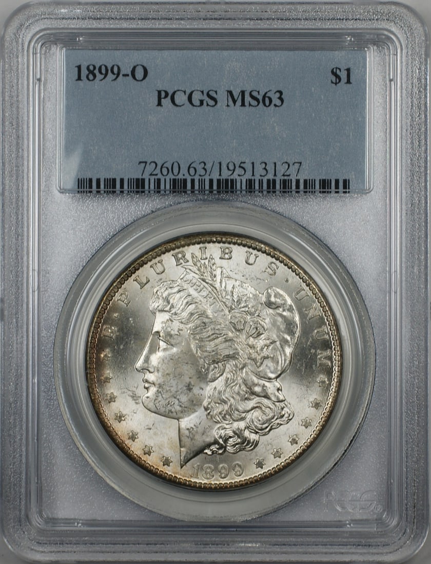 PCGS MS 63 Certified 1899 New Orleans Morgan Silver Dollar: PCGS MS 63 Certified 1899 New Orleans Morgan Silver Dollar This is a 1899-O Morgan Silver Dollar $1 coin, graded MS-63 by PCGS. Minted in New Orleans, it is composed of silver and remains uncirculated