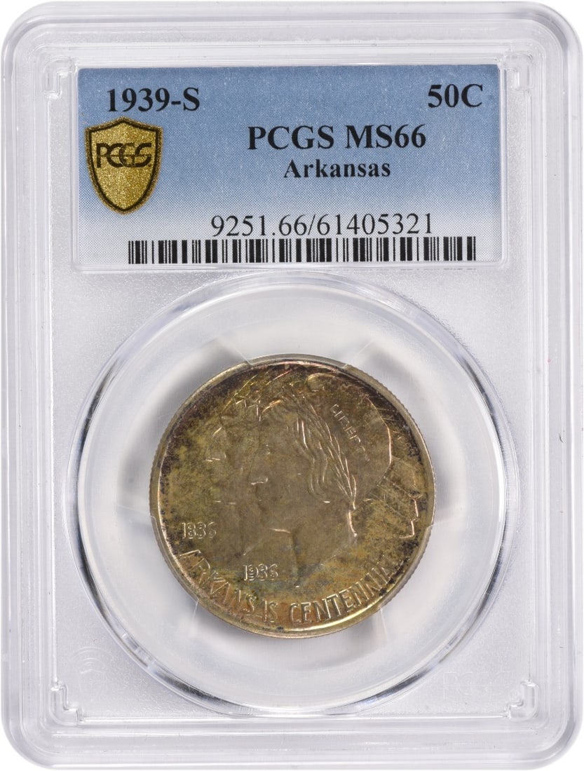 MS66 PCGS 1939-S Arkansas Silver Commemorative Half Dollar Coin: MS66 PCGS 1939-S Arkansas Silver Commemorative Half Dollar Coin This 1939-S Arkansas Commemorative Half Dollar is a United States coin minted in San Francisco. Certified by PCGS with a grade of MS66,