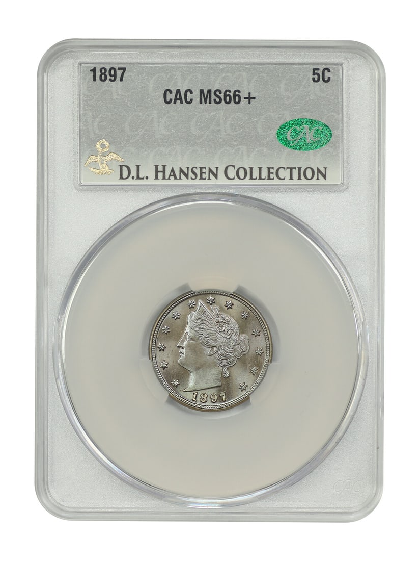 1897 Liberty Nickel CACG MS66+ D.L. Hansen Original Toning: 1897 Liberty Nickel CACG MS66+ D.L. Hansen Original Toning This 1897 Liberty Nickel is a stunning example of numismatic artistry, certified by CACG with a grade of MS66+. This uncirculated coin featur