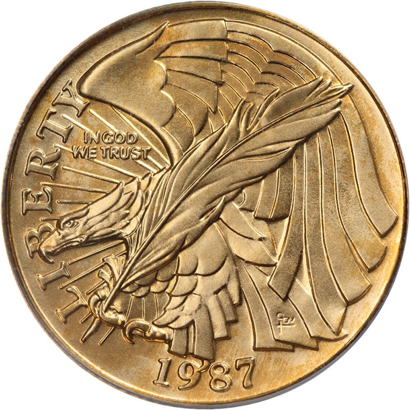 ICG MS70 1987-W Gold $5 Constitution Commemorative Coin: ICG MS70 1987-W Gold $5 Constitution Commemorative Coin This is a 1987-W Constitution Commemorative Gold $5 coin graded MS70 by ICG. The coin is uncirculated and features excellent luster and a strong