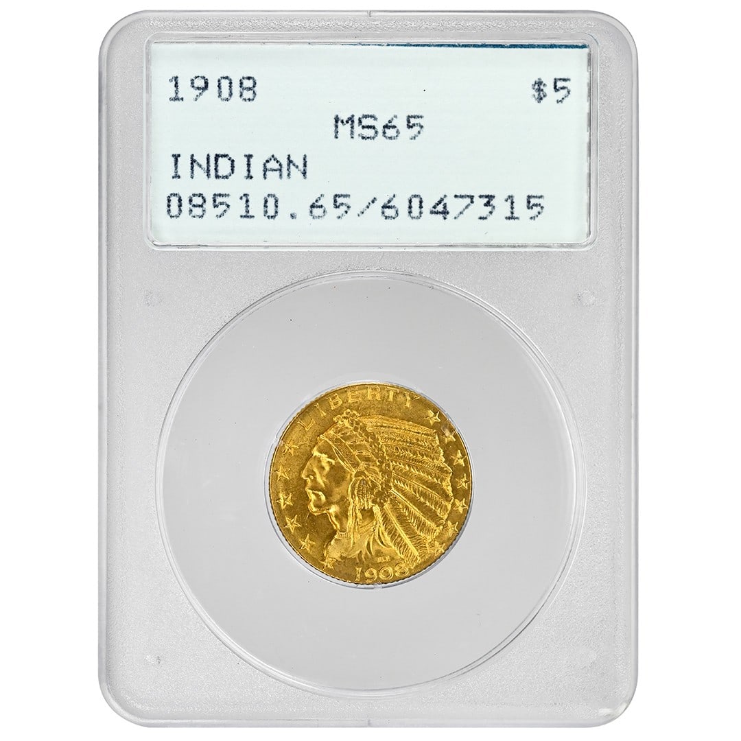 1908 Indian $5 Gold Coin PCGS MS65 First Generation Rattler Holder: 1908 Indian $5 Gold Coin PCGS MS65 First Generation Rattler Holder This 1908 $5 Indian gold coin is a rare collectible, certified by PCGS with a grade of MS65. It features a classic orange-gold color,