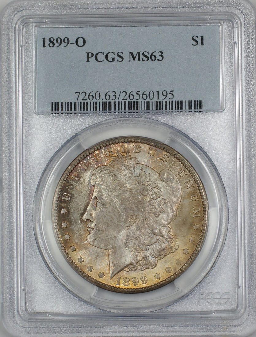 PCGS MS63 1899-O Morgan Dollar Uncirculated Silver Coin With Toning: PCGS MS63 1899-O Morgan Dollar Uncirculated Silver Coin With Toning This 1899-O Morgan Silver Dollar is graded MS-63 by PCGS and features attractive toning, especially on the obverse. Minted in New Or