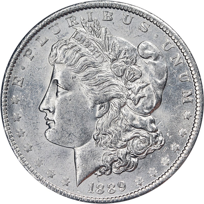 Uncirculated 1889-O Morgan Silver Dollar with Oval Mint Mark BU: Uncirculated 1889-O Morgan Silver Dollar with Oval Mint Mark BU This 1889-O Morgan Silver Dollar features an oval 'O' mint mark and is in bright uncirculated (BU) condition, showcasing attractive lust