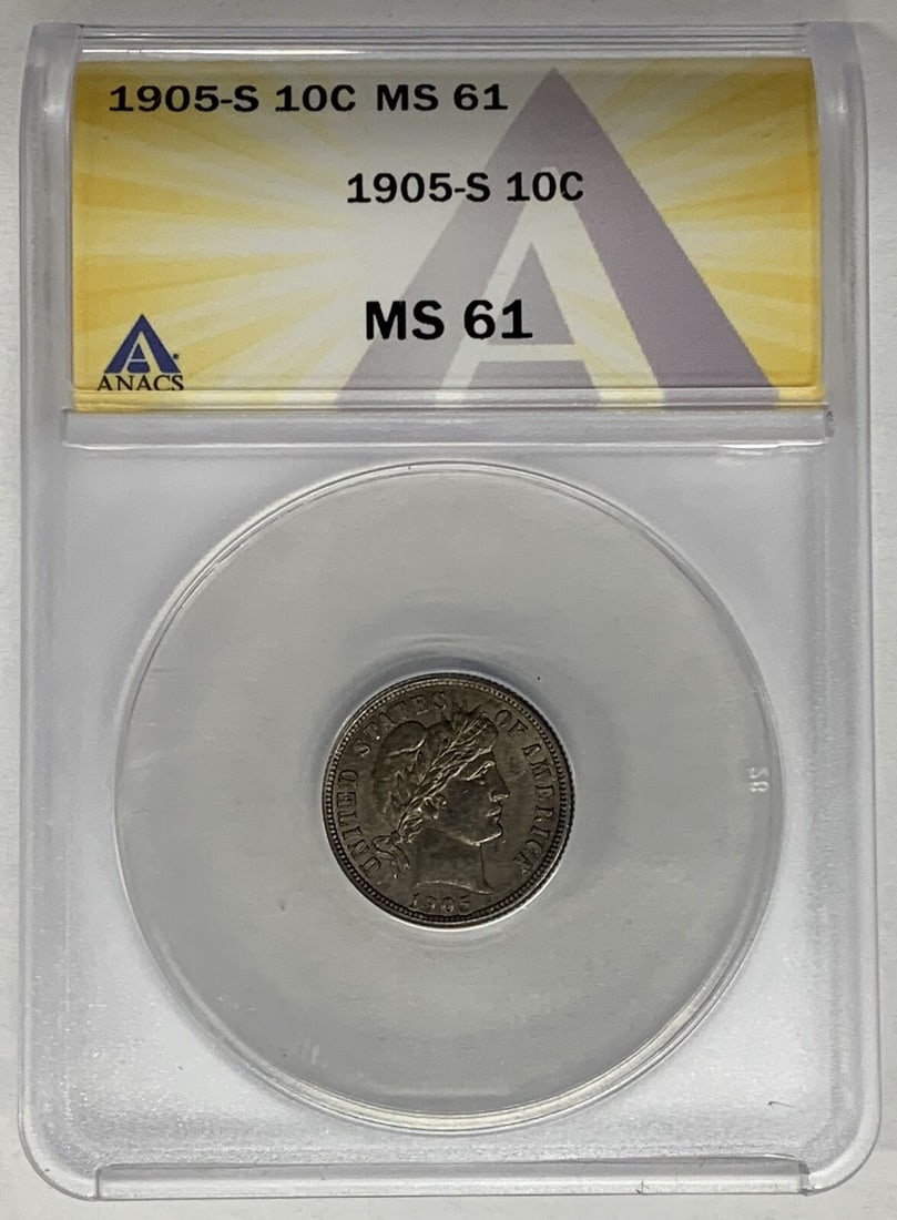 ANACS MS 61 1905-S Toned Barber Dime Uncirculated San Francisco Mint: ANACS MS 61 1905-S Toned Barber Dime Uncirculated San Francisco Mint This is a 1905-S Barber Dime from the United States, featuring attractive toning. The coin is uncirculated and graded MS 61 by ANAC