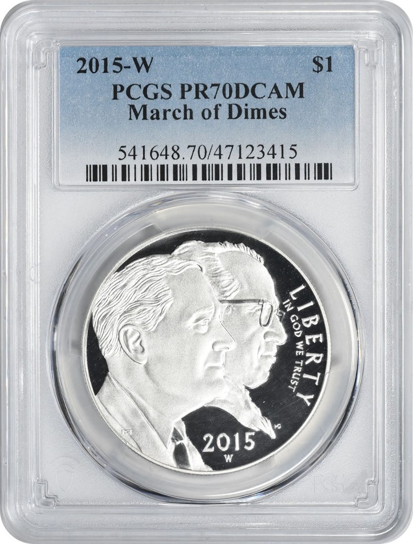 2015-W March of Dimes Silver Dollar PR70DCAM PCGS Uncirculated Coin: 2015-W March of Dimes Silver Dollar PR70DCAM PCGS Uncirculated Coin This 2015-W March of Dimes Commemorative Silver Dollar is a remarkable piece, certified by PCGS with a grade of PR70DCAM. It feature