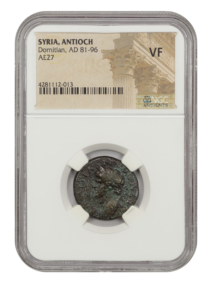 Ancient Roman Domitian AE27 Coin NGC VF Antioch SC Wreath: Ancient Roman Domitian AE27 Coin NGC VF Antioch SC Wreath This Ancient Roman coin features the reign of Domitian (AD 81-96) and is made from AE (copper alloy). It has been certified by NGC with a cert