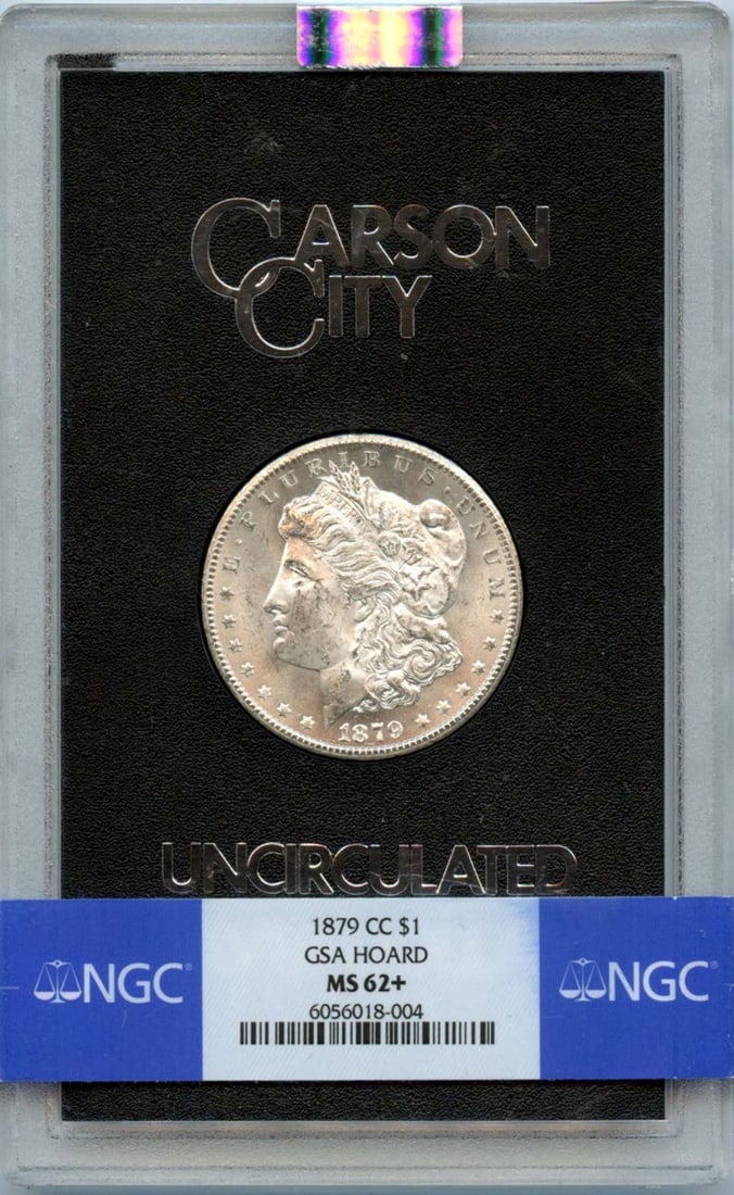 1879-CC Morgan Dollar NGC MS62+ GSA Hoard Uncirculated: 1879-CC Morgan Dollar NGC MS62+ GSA Hoard Uncirculated This 1879-CC Morgan Dollar is an exceptional piece from the GSA Hoard, certified by NGC with a grade of MS62+. Struck at the Carson City Mint, th