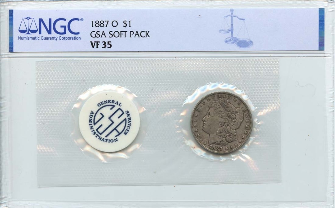 1887 O Morgan Dollar NGC VF35 GSA Soft Pack Coin: 1887 O Morgan Dollar NGC VF35 GSA Soft Pack Coin This 1887 O Morgan Dollar is certified by NGC with a grade of VF35, indicating its well-preserved condition. Minted in Philadelphia, this coin is part