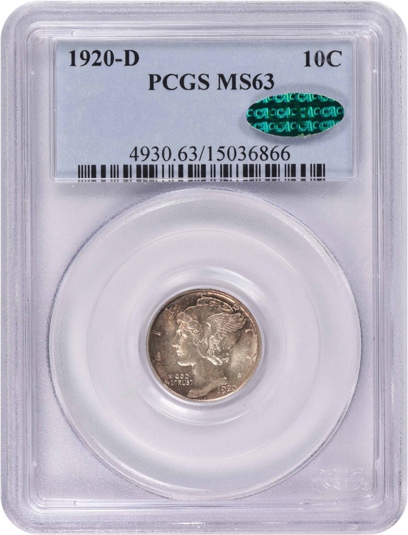 1920-D Mercury Dime MS63 PCGS Certified 90% Silver Coin: 1920-D Mercury Dime MS63 PCGS Certified 90% Silver Coin This 1920-D Mercury Silver Dime is a notable collectible, graded MS63 by PCGS and certified by CAC. Struck in Denver, this coin features 90% sil