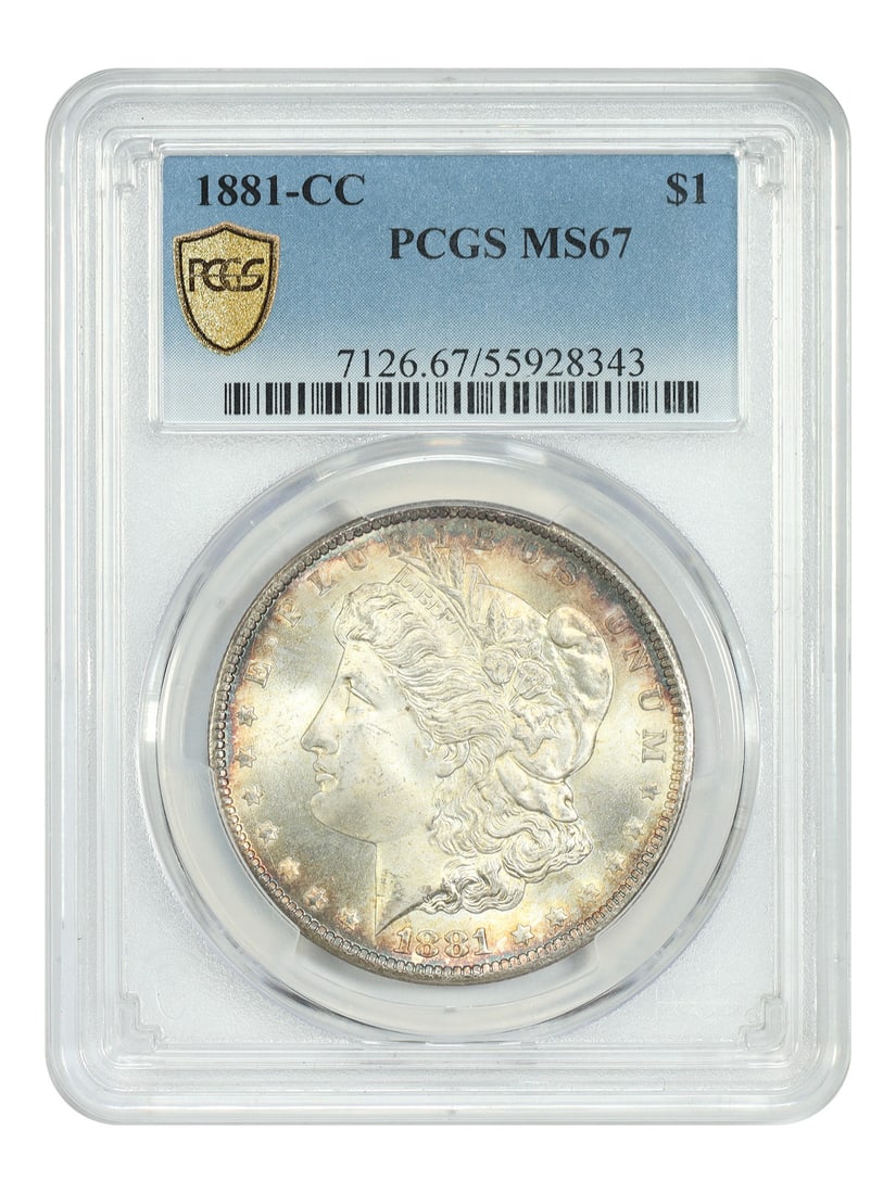 Carson City 1881 Morgan Dollar PCGS MS67 Silver Coin: Carson City 1881 Morgan Dollar PCGS MS67 Silver Coin This 1881-CC Morgan Dollar is graded MS67 by PCGS and originates from the Carson City Mint. The coin is uncirculated and exhibits frosty surfaces w