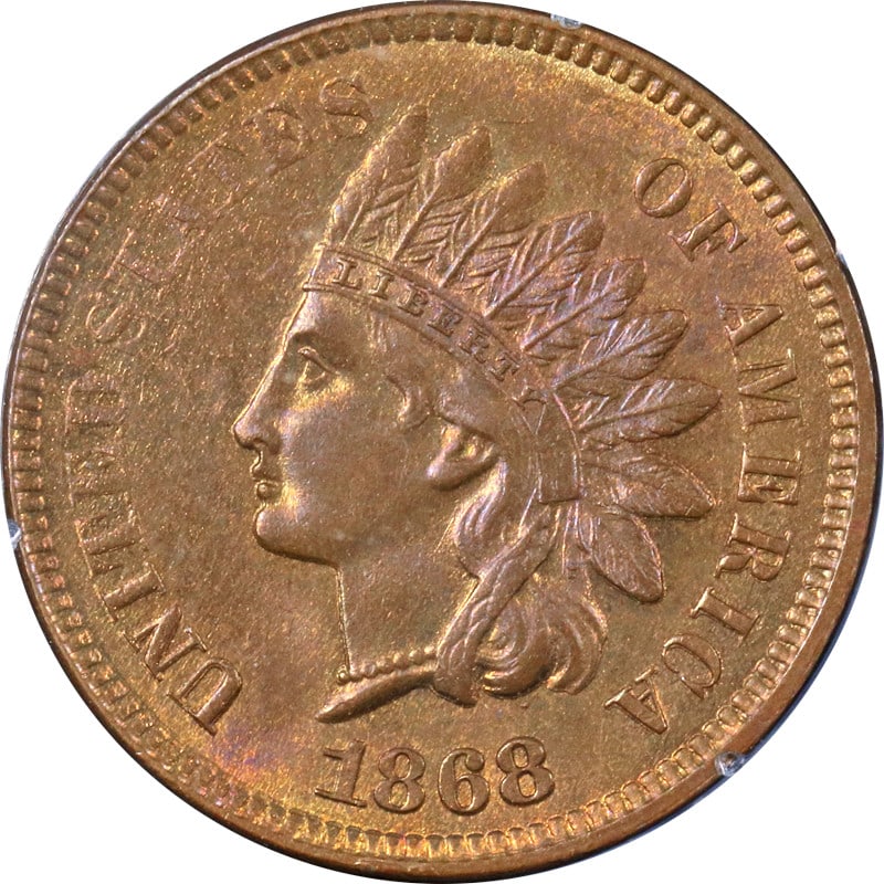1868 Indian Cent PCGS MS65 RB CAC Rattler Holder Superb Eye Appeal: 1868 Indian Cent PCGS MS65 RB CAC Rattler Holder Superb Eye Appeal This exquisite 1868 Indian Cent is encapsulated in a Rattler Holder and features a CAC sticker, certified by PCGS with a grade of MS6