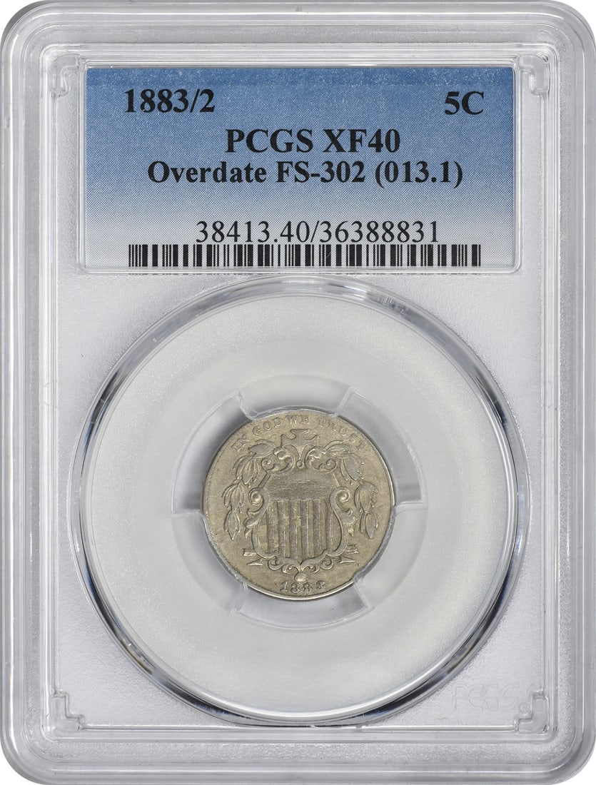 1883 Shield Nickel Overdate EF40 PCGS Certified Coin: 1883 Shield Nickel Overdate EF40 PCGS Certified Coin This 1883/2 Shield Nickel is a remarkable piece of numismatic history, certified by PCGS with a grade of EF40. Struck at the Philadelphia Mint, thi