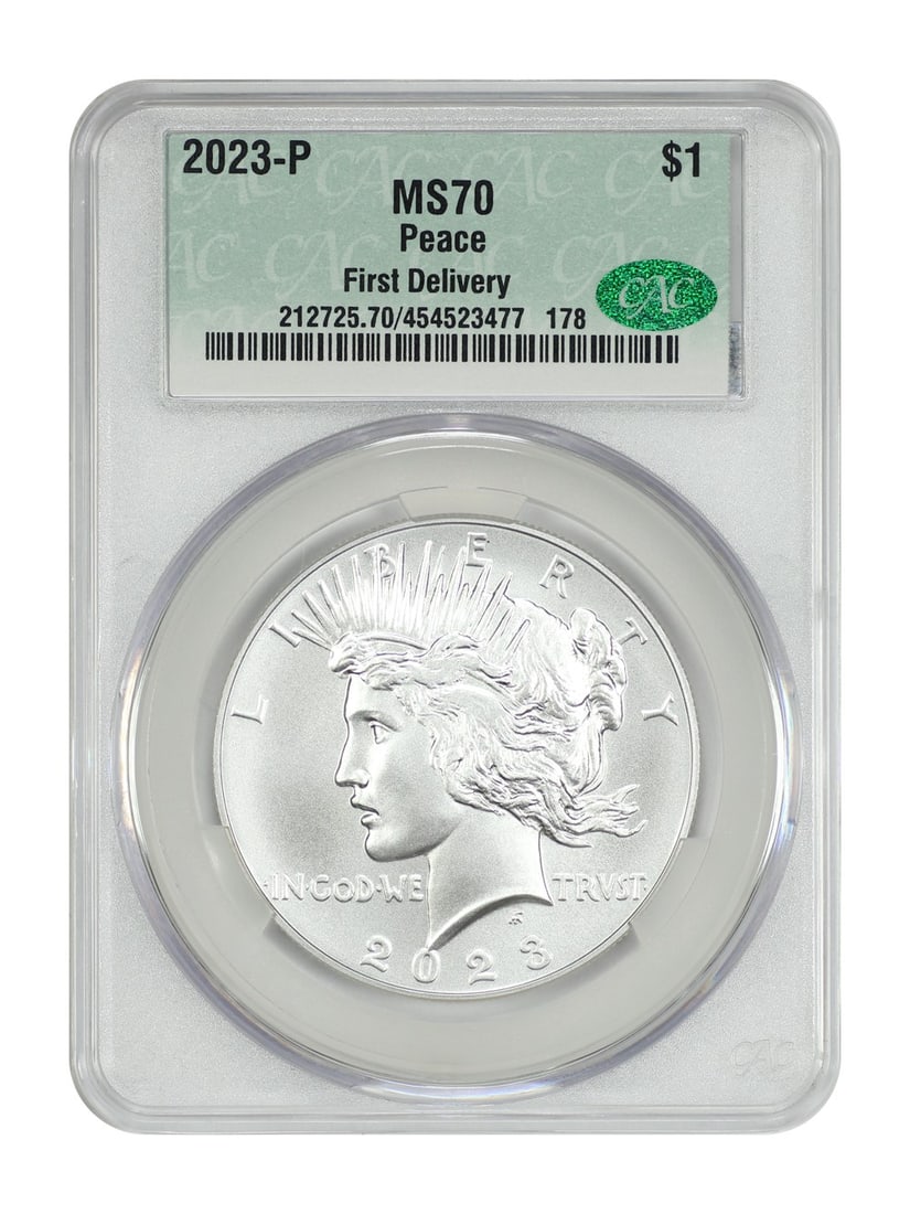 CACG MS70 2023 Philadelphia Peace Dollar First Delivery: CACG MS70 2023 Philadelphia Peace Dollar First Delivery This is a 2023-P Peace Dollar certified by CACG with a grade of MS70, indicating a flawless uncirculated condition. Struck at the Philadelphia M